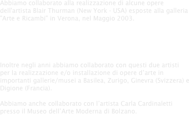 Abbiamo collaborato alla realizzazione di alcune opere dell'artista Blair Thurman (New York - USA) esposte alla galleria "Arte e Ricambi" in Verona, nel Maggio 2003.

Nell'ottobre 2004 abbiamo realizzato l'installazione dell'opera "Voltes IV" dell'artista svizzero John Armleder, per il GAMEC, la Galleria d'Arte Moderna e Contemporanea di Bergamo.
Inoltre negli anni abbiamo collaborato con questi due artisti per la realizzazione e/o installazione di opere d’arte in importanti gallerie/musei a Basilea, Zurigo, Ginevra (Svizzera) e Digione (Francia).

Abbiamo anche collaborato con l’artista Carla Cardinaletti presso il Museo dell’Arte Moderna di Bolzano.
